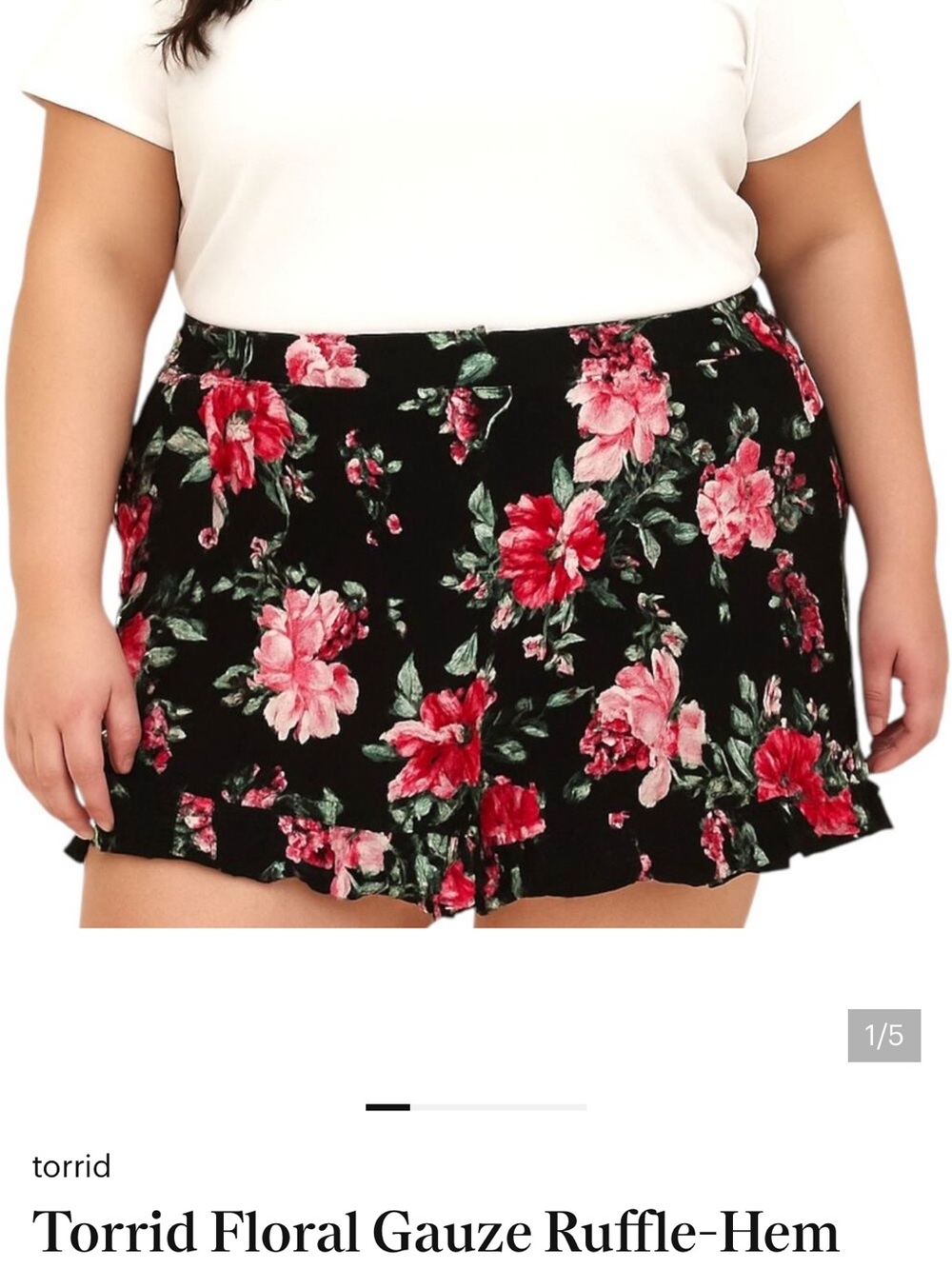 torrid Black Floral Ruffle-Hem Shorts with Red and Pink Blooms